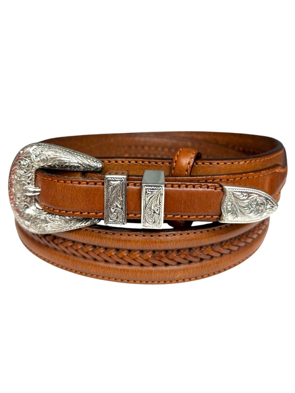 Tony Lama Western Leather Belt Brown Tooled Silver Buckle Men’s Size 38